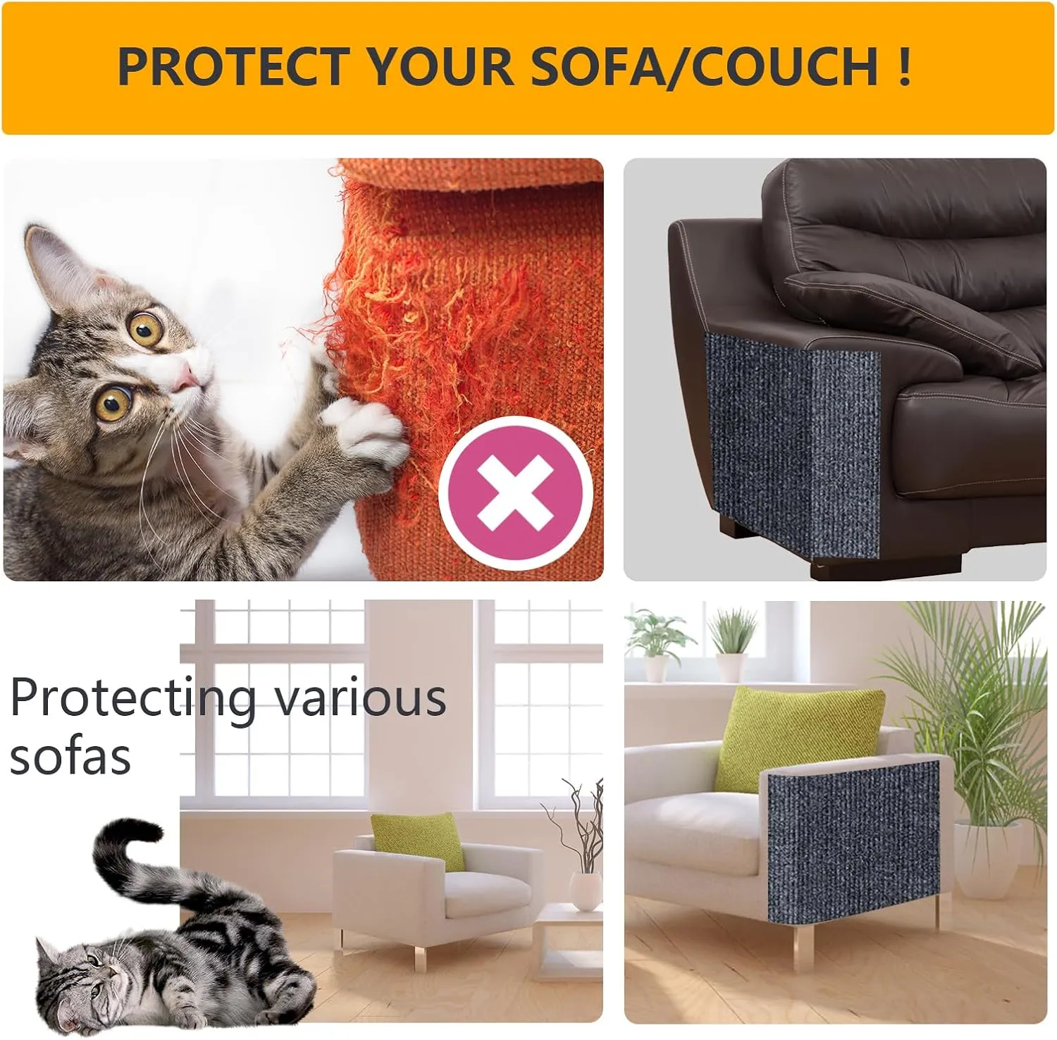 120"x15.8" cat Scratch Furniture Protector Keep Couch Sofa Protection Anti Claws Corner Wall Scratcher Post sisal Scratching mat Carpet pad Cover Fabric Tree Guards remnants (Light Grey)