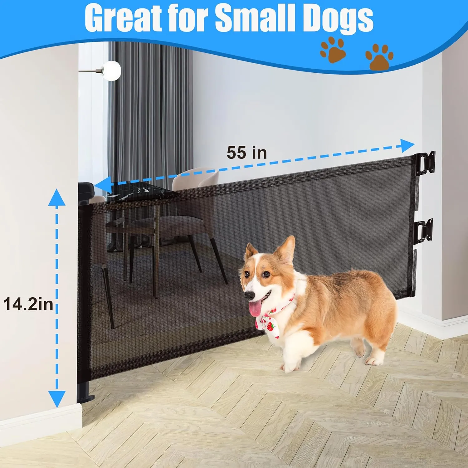 14" H Hideaway Short Dog Puppy Gate - Retractable Mesh Security Fence, Expands Up to 59 Inches - Ideal for Stairs & Doorways