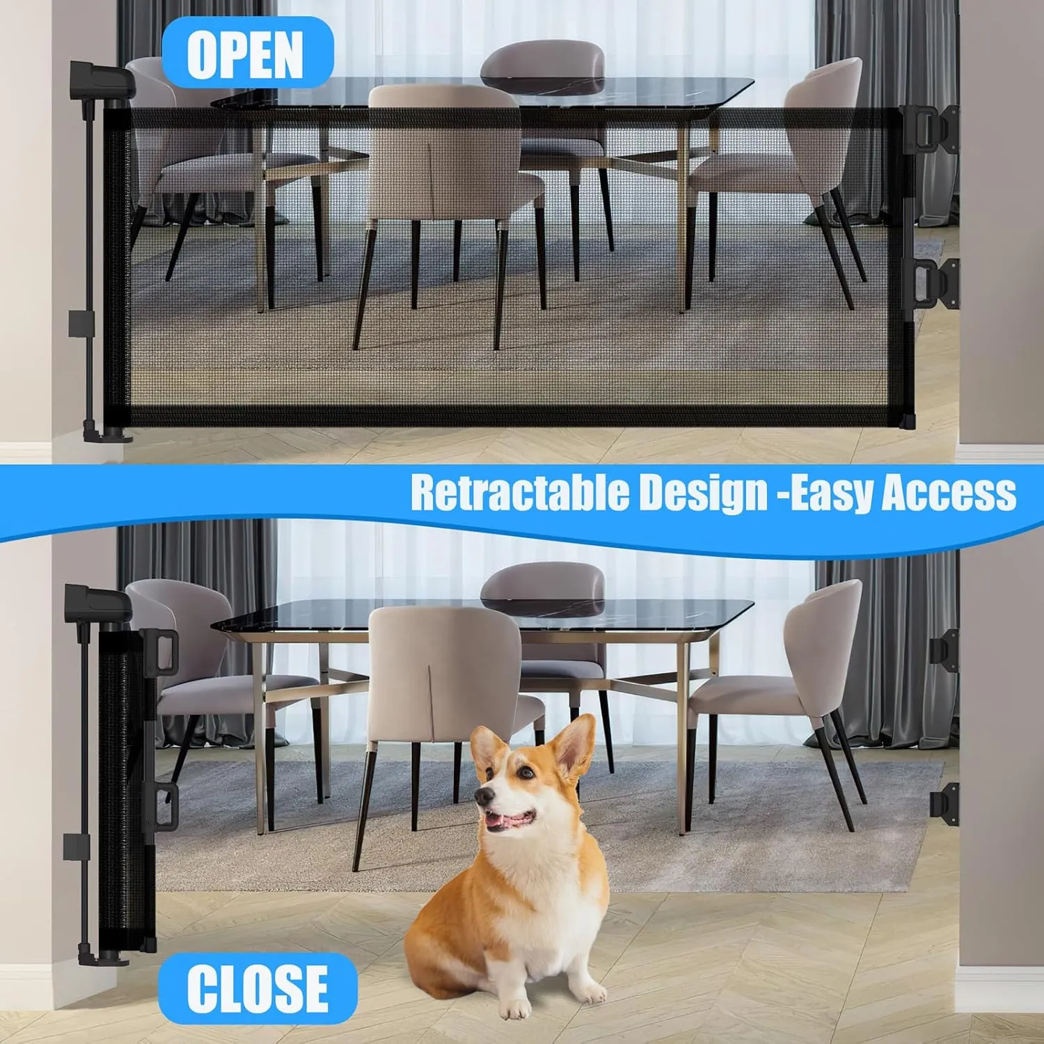 14" H Hideaway Short Dog Puppy Gate - Retractable Mesh Security Fence, Expands Up to 59 Inches - Ideal for Stairs & Doorways