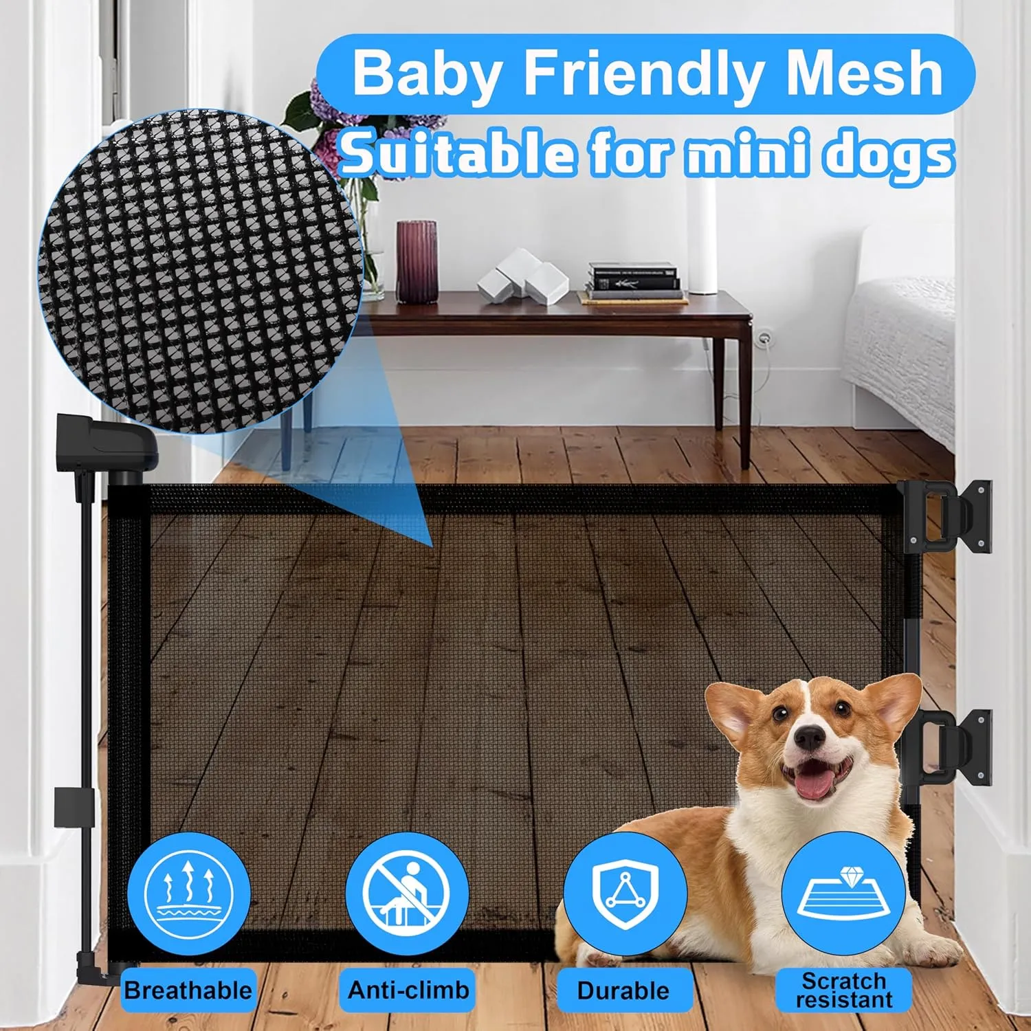 14" H Hideaway Short Dog Puppy Gate - Retractable Mesh Security Fence, Expands Up to 59 Inches - Ideal for Stairs & Doorways