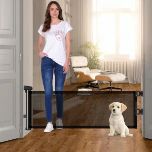 14" H Hideaway Short Dog Puppy Gate - Retractable Mesh Security Fence, Expands Up to 59 Inches - Ideal for Stairs & Doorways