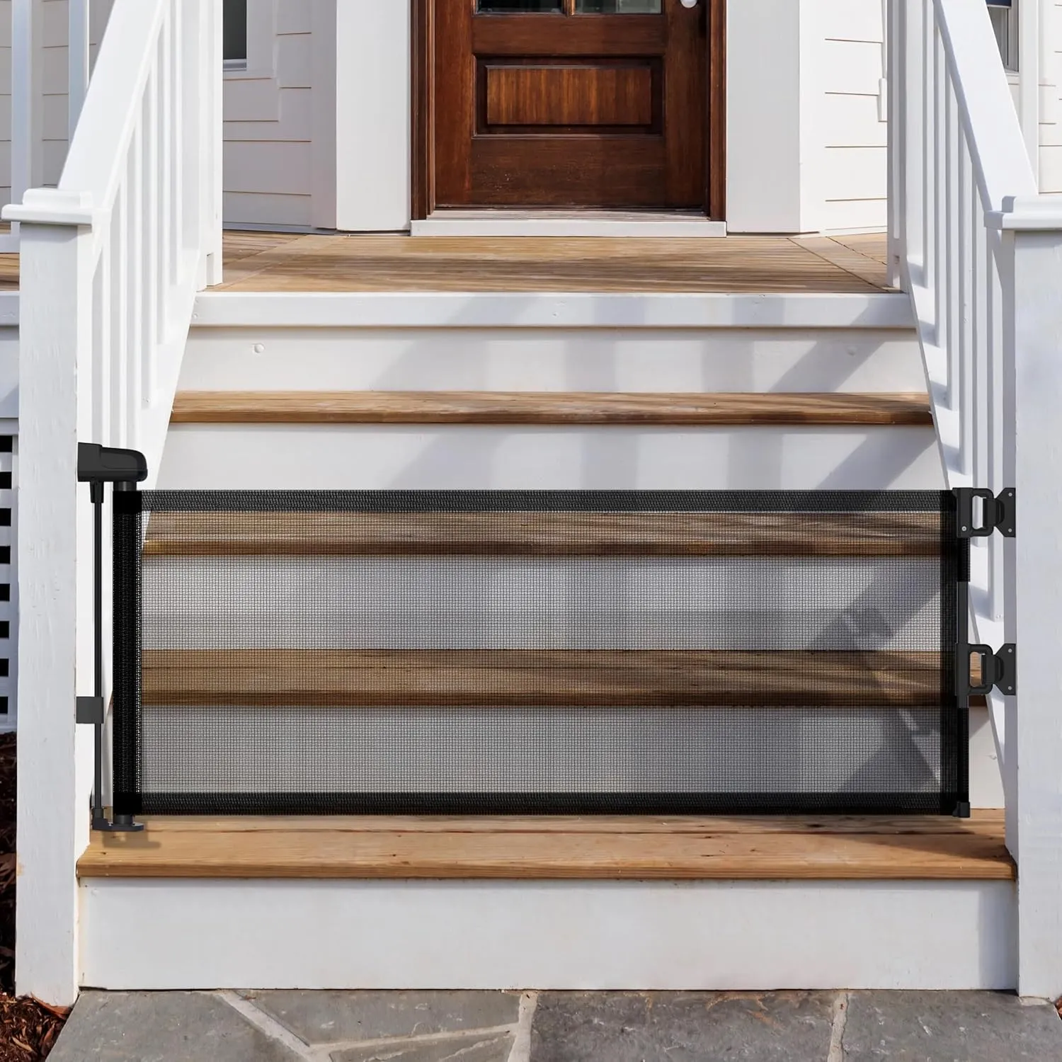 14" H Hideaway Short Dog Puppy Gate - Retractable Mesh Security Fence, Expands Up to 59 Inches - Ideal for Stairs & Doorways