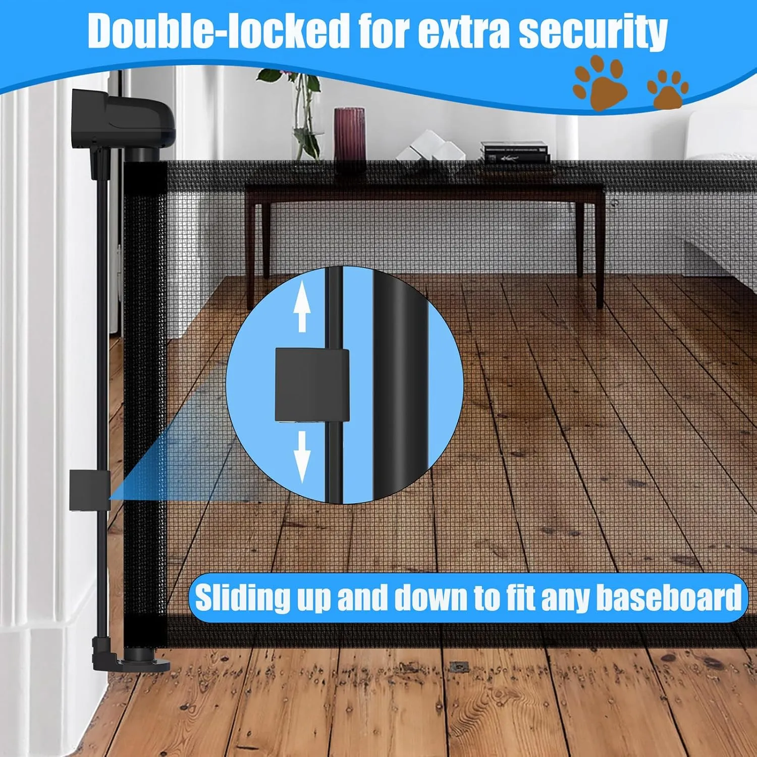 14" H Hideaway Short Dog Puppy Gate - Retractable Mesh Security Fence, Expands Up to 59 Inches - Ideal for Stairs & Doorways