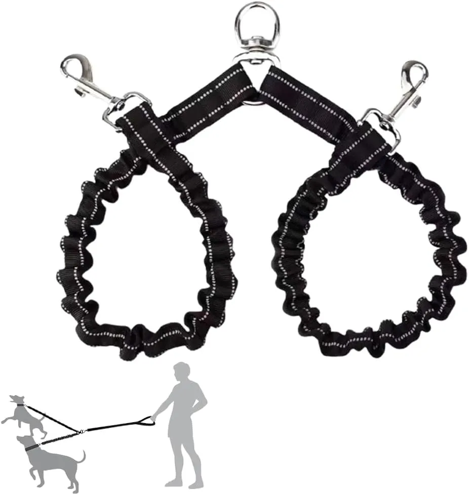 2 Dog Leash 360 Swivel No Tangle Double Dog Walking & Training Leash Comfortable Shock Absorbing Reflective Bungee for Small or Large Dogs