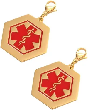 2 Pcs Gold Plated Stainless Steel Hexagonal Medical Alert ID Symbol Pendants Charms for Men Women