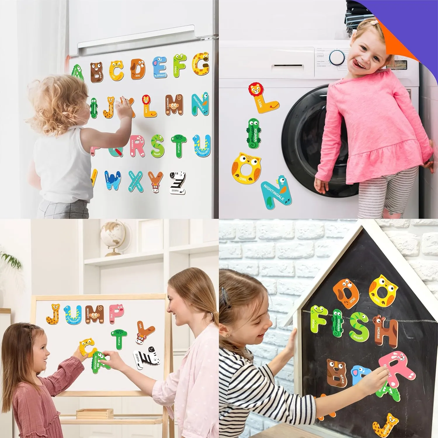 26 Magnetic Wooden Letters, Cute Animal Alphabet ABC Wood Magnets for Fridge Colorful Uppercase Animals Toys Set Educational Spelling Learning Games for Kids, Toddlers 3 4 5 Years Old