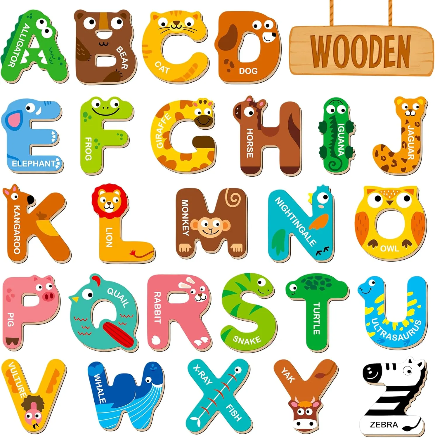 26 Magnetic Wooden Letters, Cute Animal Alphabet ABC Wood Magnets for Fridge Colorful Uppercase Animals Toys Set Educational Spelling Learning Games for Kids, Toddlers 3 4 5 Years Old