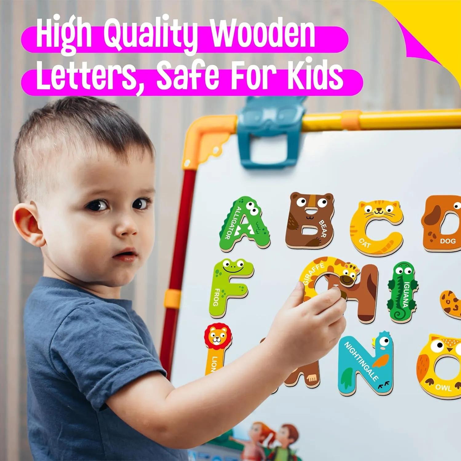 26 Magnetic Wooden Letters, Cute Animal Alphabet ABC Wood Magnets for Fridge Colorful Uppercase Animals Toys Set Educational Spelling Learning Games for Kids, Toddlers 3 4 5 Years Old