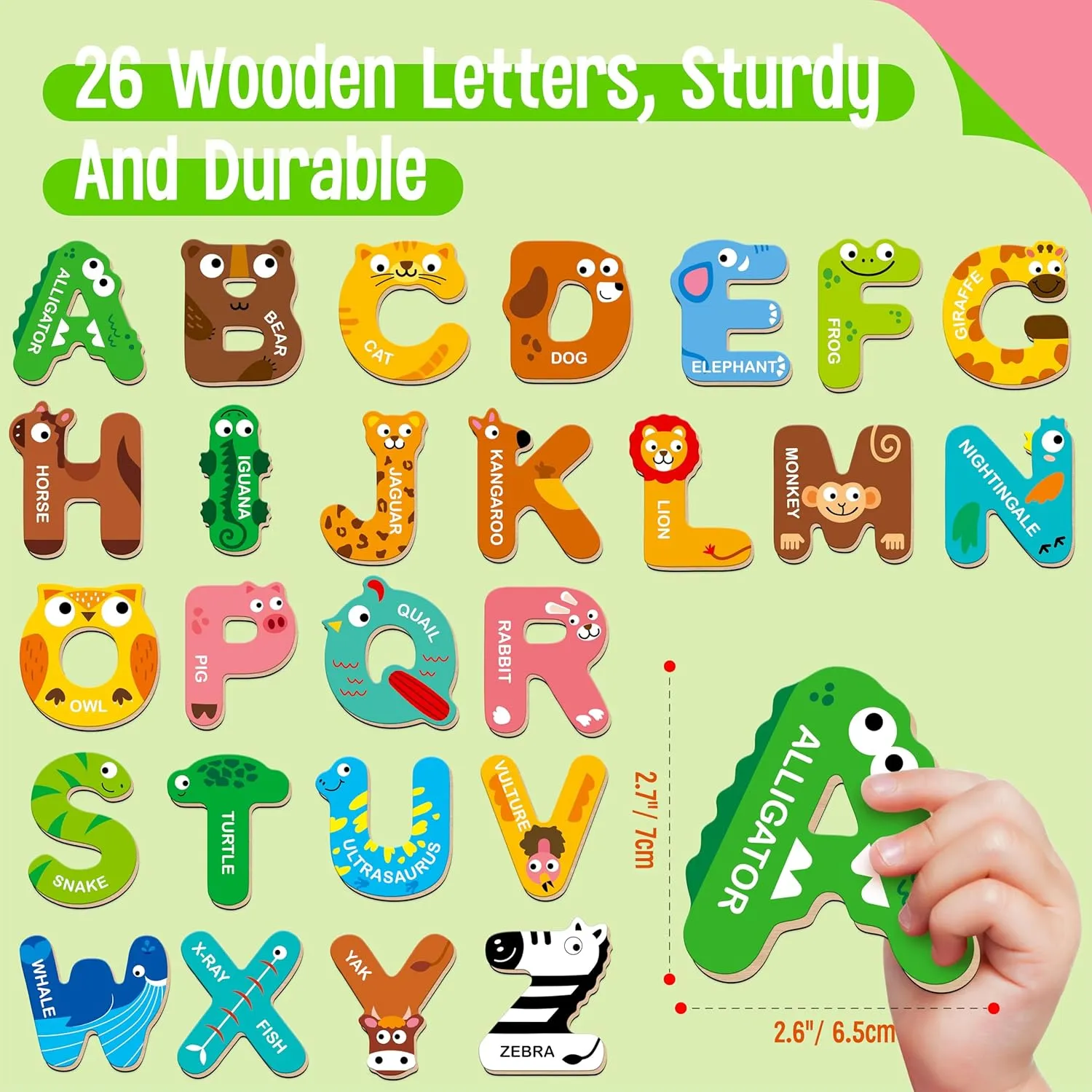 26 Magnetic Wooden Letters, Cute Animal Alphabet ABC Wood Magnets for Fridge Colorful Uppercase Animals Toys Set Educational Spelling Learning Games for Kids, Toddlers 3 4 5 Years Old