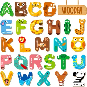 26 Magnetic Wooden Letters, Cute Animal Alphabet ABC Wood Magnets for Fridge Colorful Uppercase Animals Toys Set Educational Spelling Learning Games for Kids, Toddlers 3 4 5 Years Old