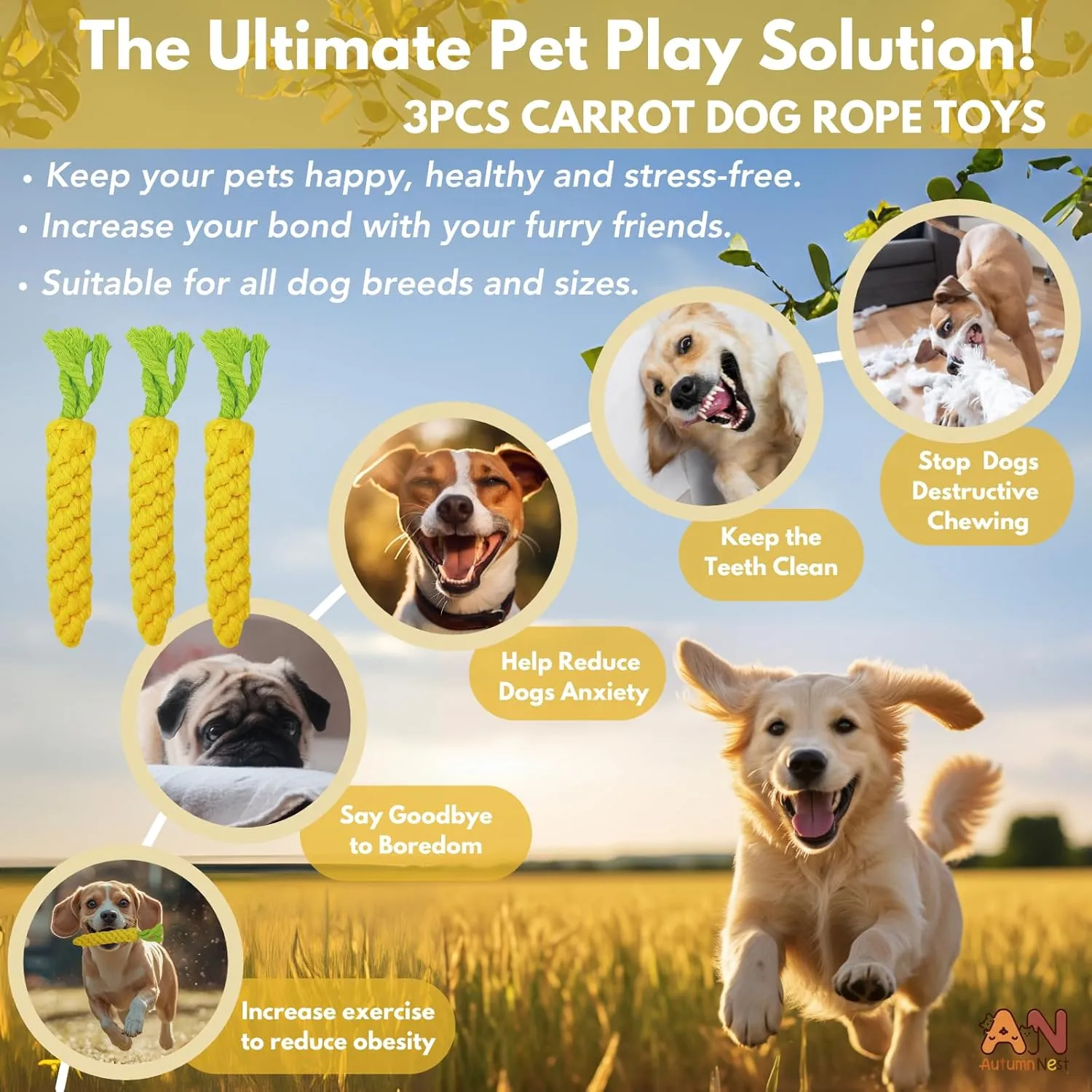 3PCS Yellow Woven Pet Chew Set, Puppy Teething Chews, Dog Chew Accessories, Cat Interactive Chews, Durable Braided Chews for Pets