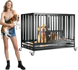 47" Large Dog Crate Heavy Duty,Indestructible Metal Dog Cage Outside,Escape Proof Dog Kennel Indoor,Two-Door Design with Wheels and Tray,Suitable for High Anxiety Dog Crate,Black