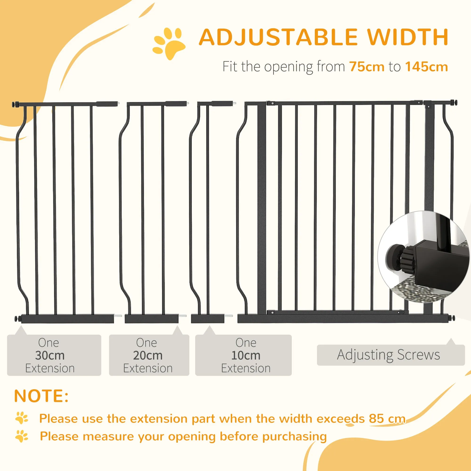 75-145cm Dog Gate Extra Wide Stairway Gate for Pet,Pressure Fit Stair Gate for Doorways, Hallways, Staircases, Black