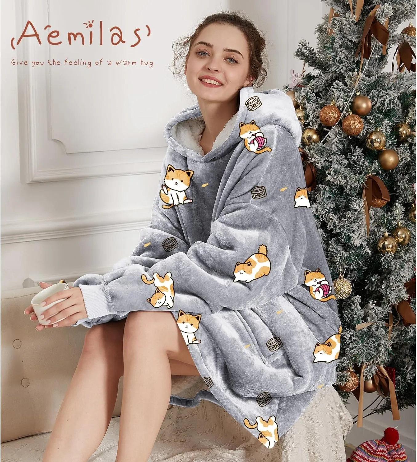 Aemilas Wearable Blanket Hoodie - Warm Sherpa Blanket Sweatshirt as Gifts for Adult Women Mom Men, One Size Fits All