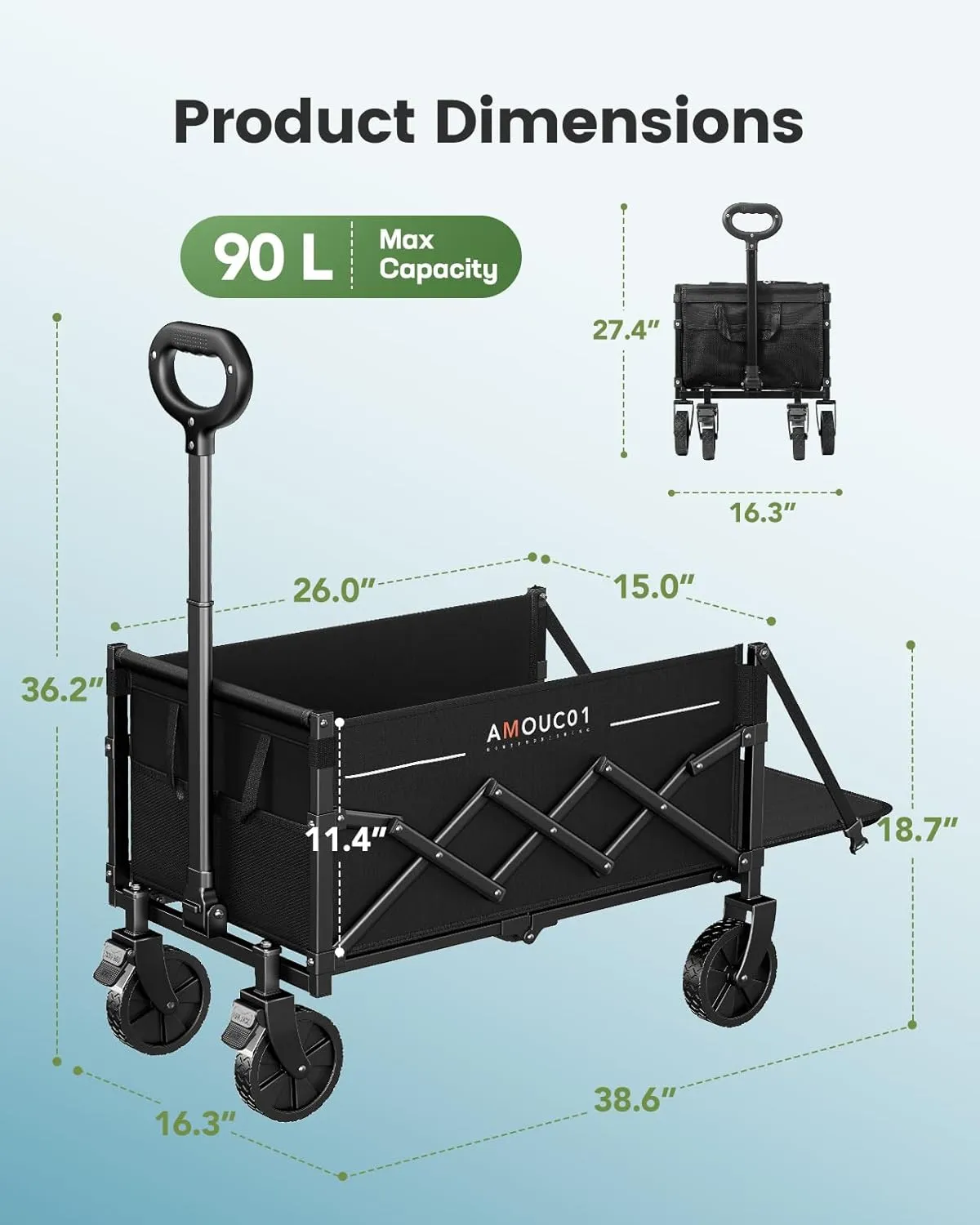 AMADA HOMEFURNISHING Wagon Cart Foldable, Collapsible Wagon Cart with 360 LBS Max Load & Expandable Storage, 90L Foldable Grocery Cart with 2 Cup Holders for Outdoor, Groceries, Garden & Camping