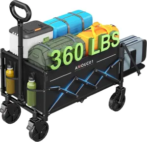 AMADA HOMEFURNISHING Wagon Cart Foldable, Collapsible Wagon Cart with 360 LBS Max Load & Expandable Storage, 90L Foldable Grocery Cart with 2 Cup Holders for Outdoor, Groceries, Garden & Camping