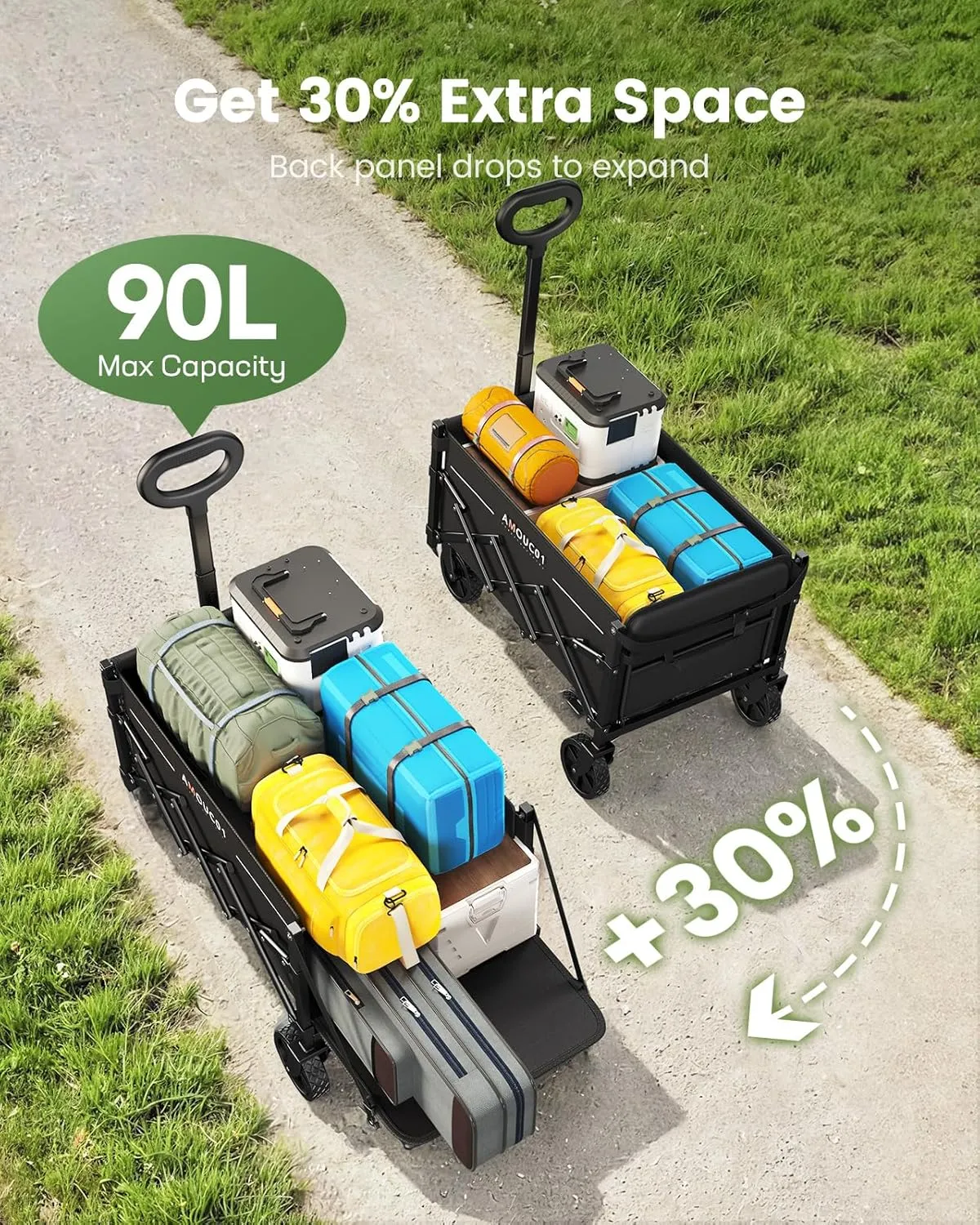 AMADA HOMEFURNISHING Wagon Cart Foldable, Collapsible Wagon Cart with 360 LBS Max Load & Expandable Storage, 90L Foldable Grocery Cart with 2 Cup Holders for Outdoor, Groceries, Garden & Camping