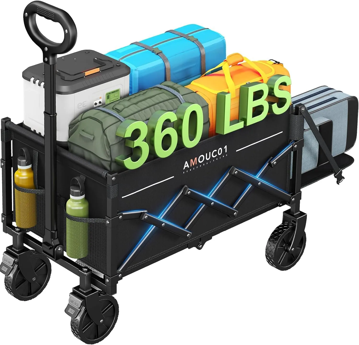 AMADA HOMEFURNISHING Wagon Cart Foldable, Collapsible Wagon Cart with 360 LBS Max Load & Expandable Storage, 90L Foldable Grocery Cart with 2 Cup Holders for Outdoor, Groceries, Garden & Camping