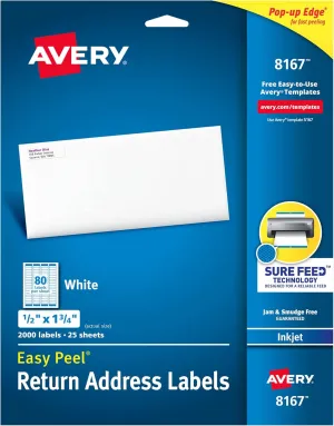 Avery Easy Peel White Inkjet Address Labels, Return, 8167, 1/2" x 1 3/4", Box Of 2,000
