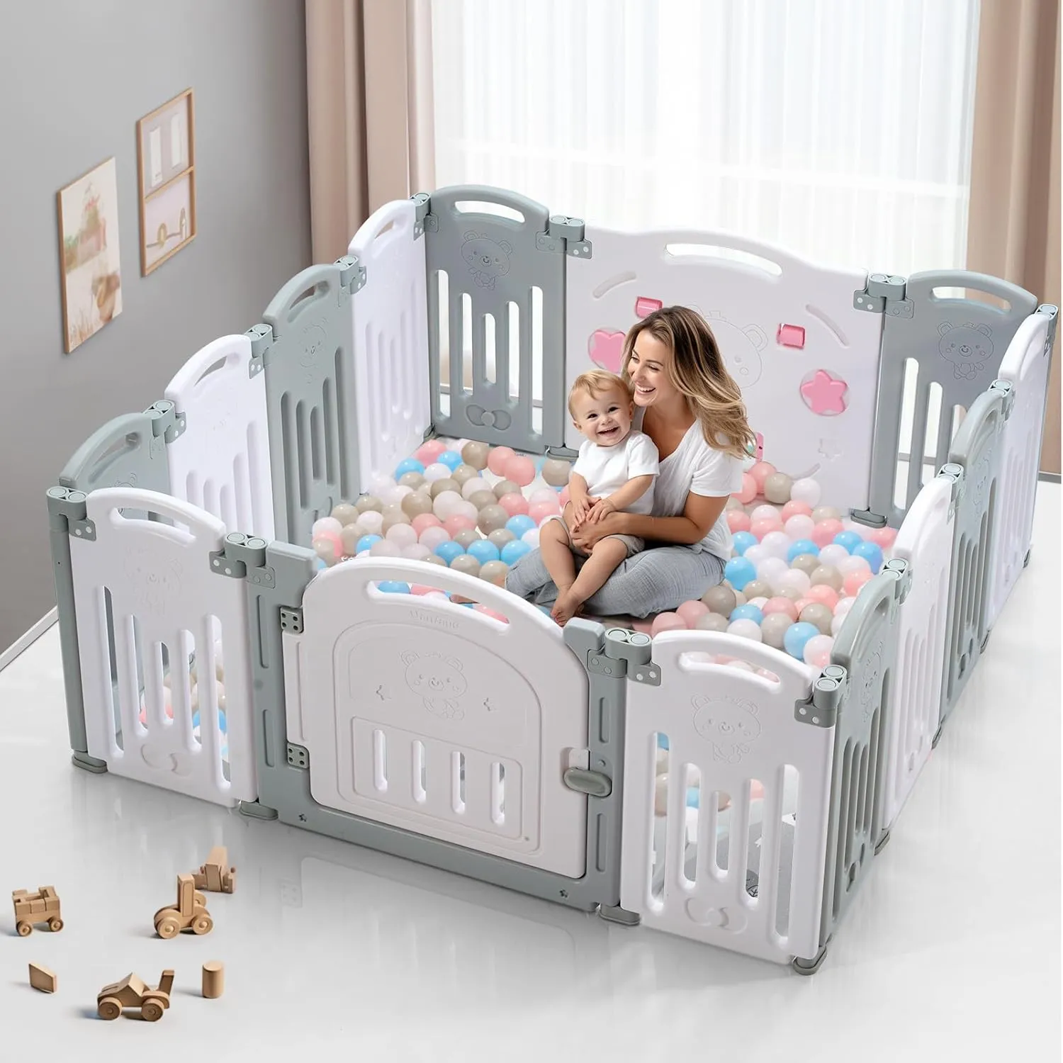 Baby Playpen, Uanlauo Safety Play Yard, Easy Assemble Play Pens for Babies and Toddlers, Sturdy Baby Gate Playpen, Toddler Playpen, Portable Indoor Outdoor Use, Foldable Baby Playpen (14 Panel, Grey)