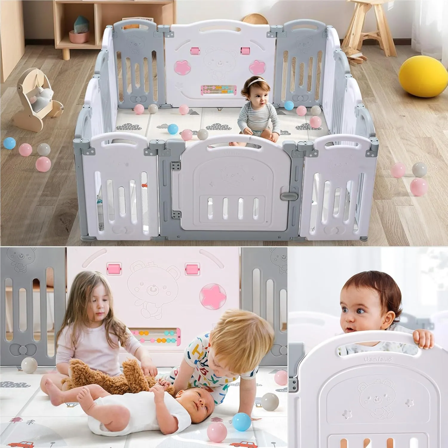 Baby Playpen, Uanlauo Safety Play Yard, Easy Assemble Play Pens for Babies and Toddlers, Sturdy Baby Gate Playpen, Toddler Playpen, Portable Indoor Outdoor Use, Foldable Baby Playpen (14 Panel, Grey)