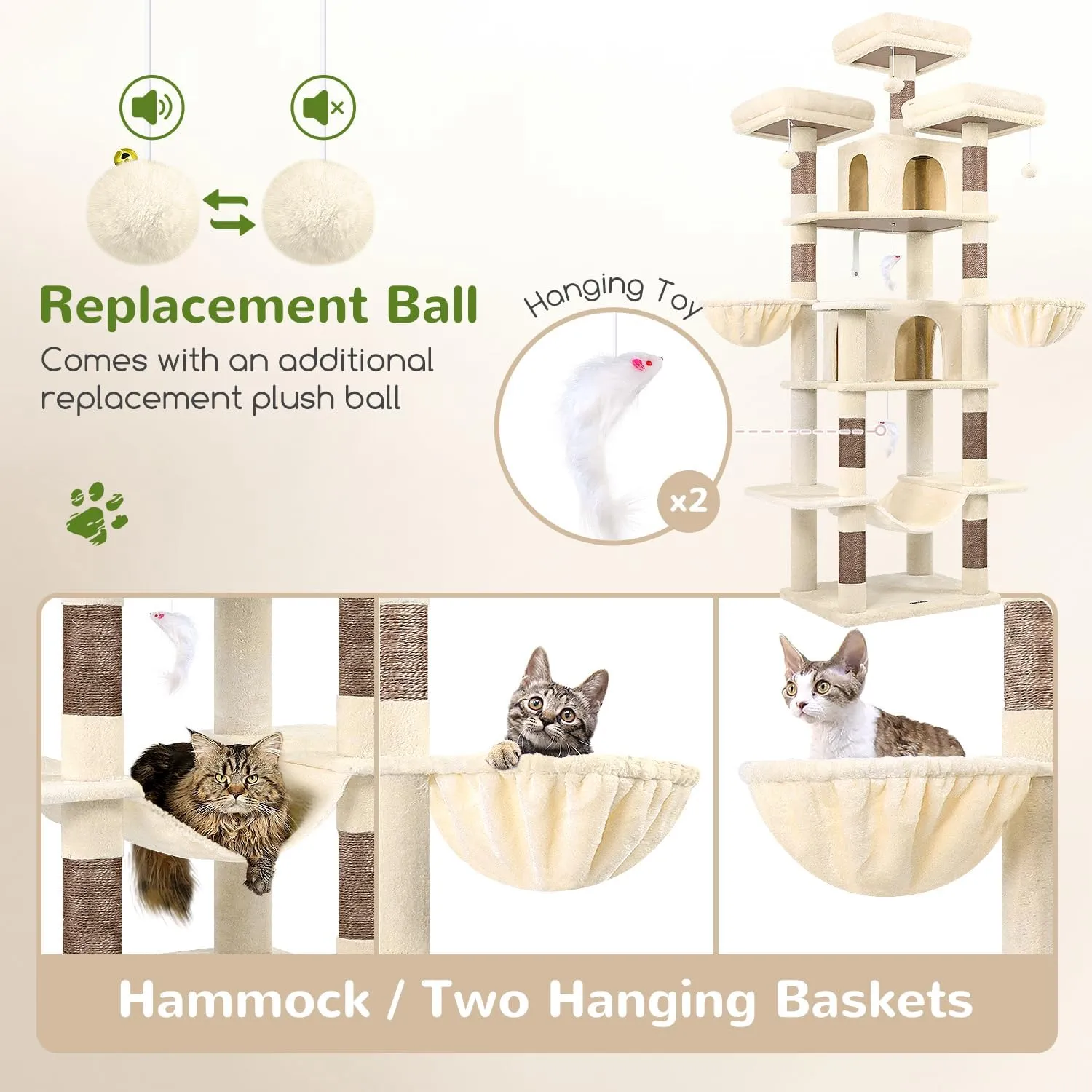 Big Cat Tower for Indoor Cats, 80inch Cat Tower for Multiple Adult Cats XXL Cat Tree with Scratching Post, Hammock, 3 Perches, 2 Condos, 2 Hanging Basket, F80, Beige