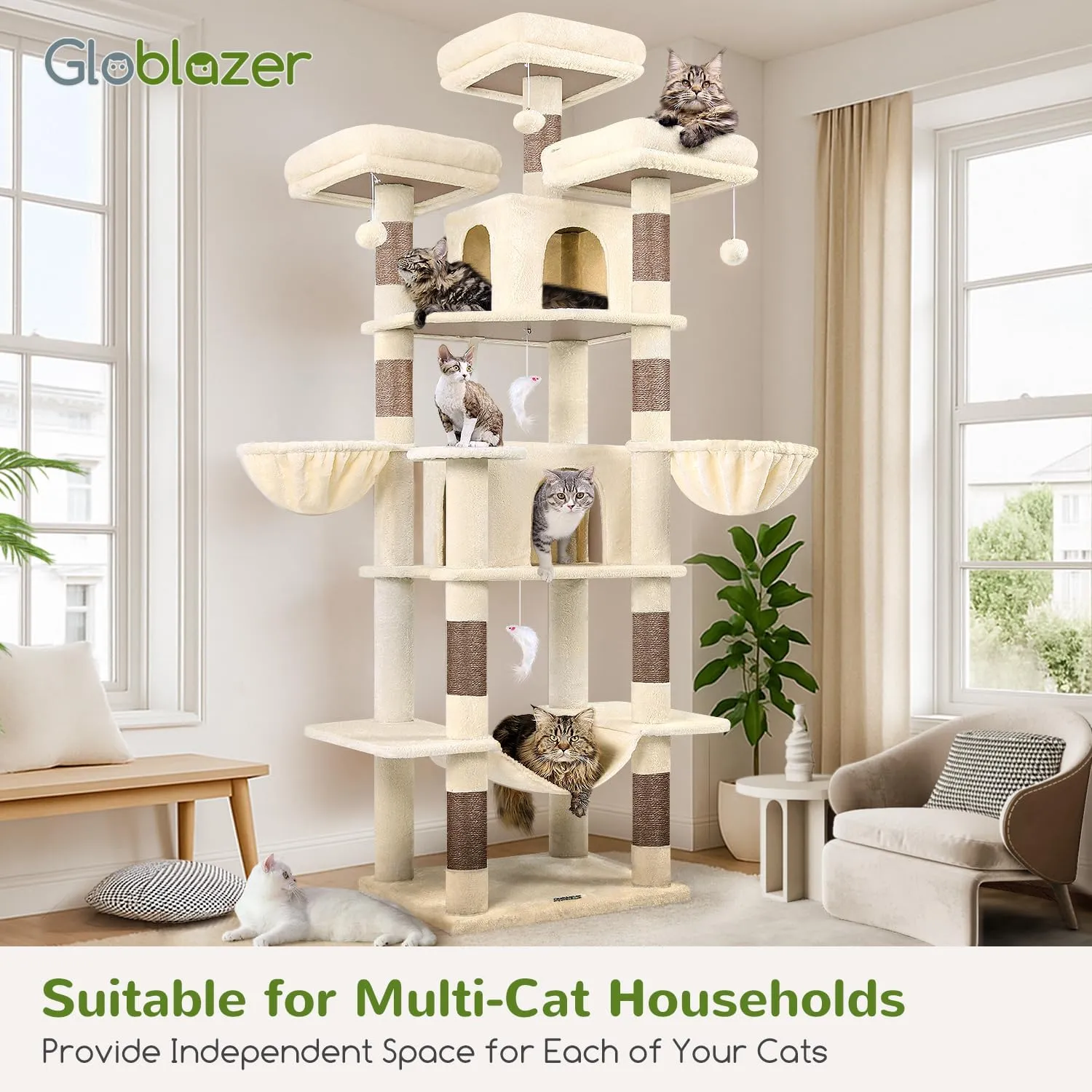 Big Cat Tower for Indoor Cats, 80inch Cat Tower for Multiple Adult Cats XXL Cat Tree with Scratching Post, Hammock, 3 Perches, 2 Condos, 2 Hanging Basket, F80, Beige