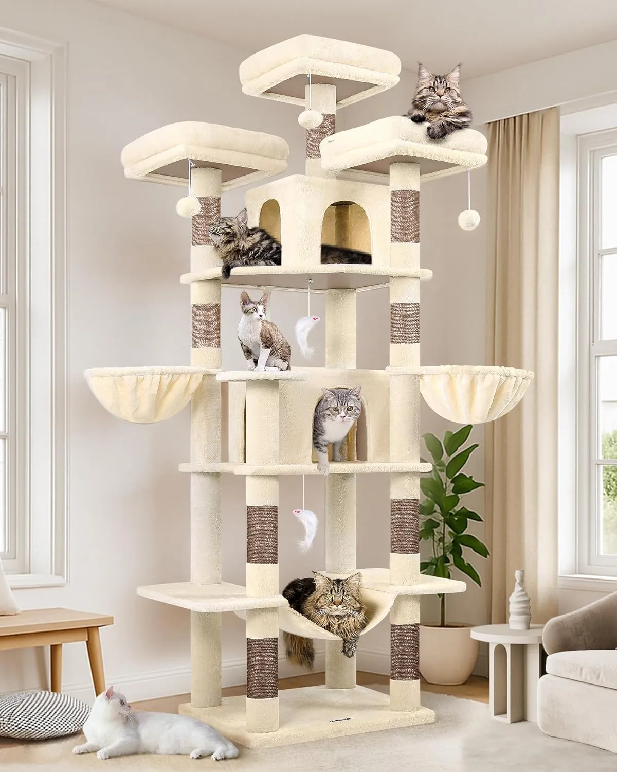 Big Cat Tower for Indoor Cats, 80inch Cat Tower for Multiple Adult Cats XXL Cat Tree with Scratching Post, Hammock, 3 Perches, 2 Condos, 2 Hanging Basket, F80, Beige