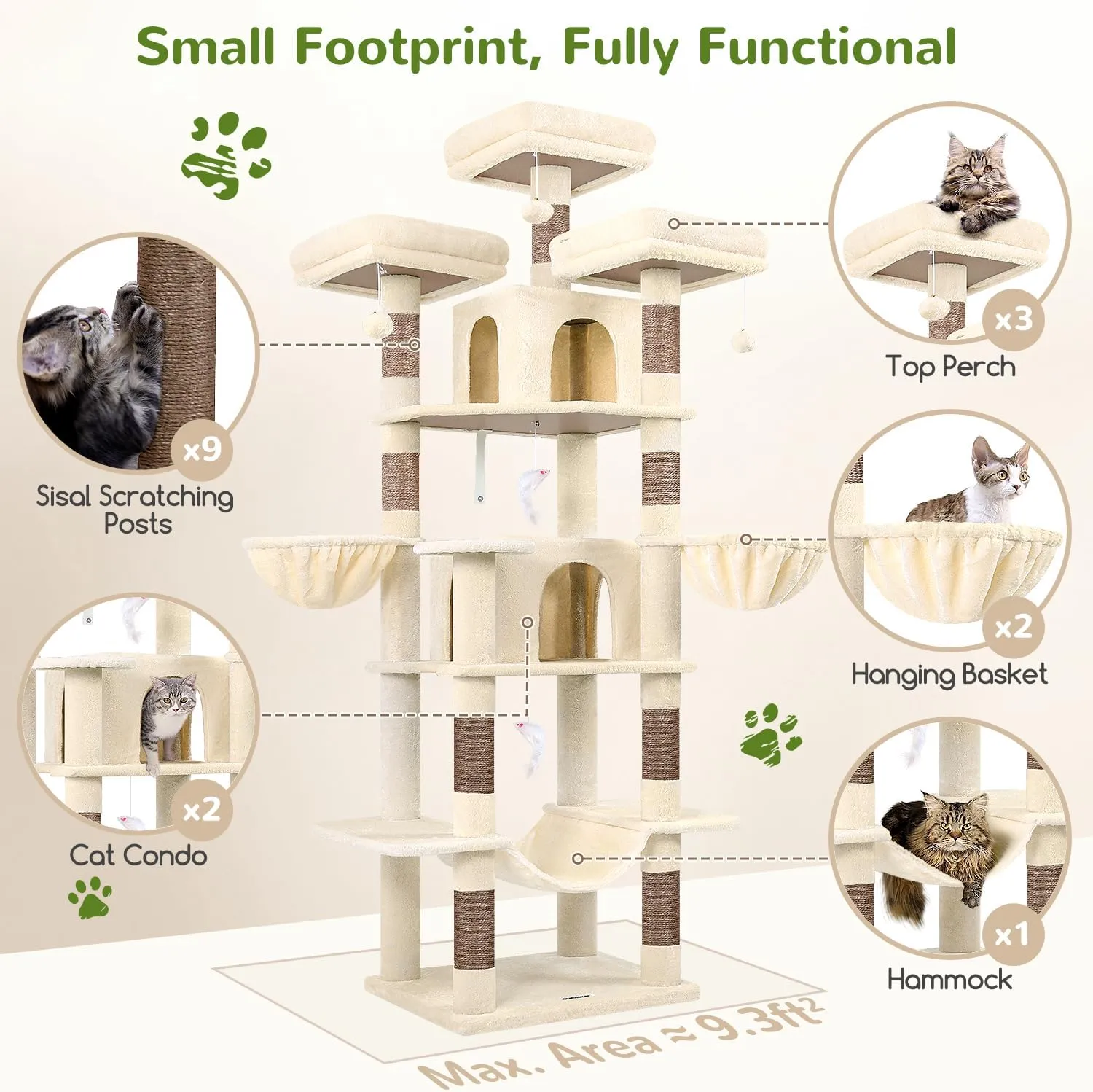 Big Cat Tower for Indoor Cats, 80inch Cat Tower for Multiple Adult Cats XXL Cat Tree with Scratching Post, Hammock, 3 Perches, 2 Condos, 2 Hanging Basket, F80, Beige