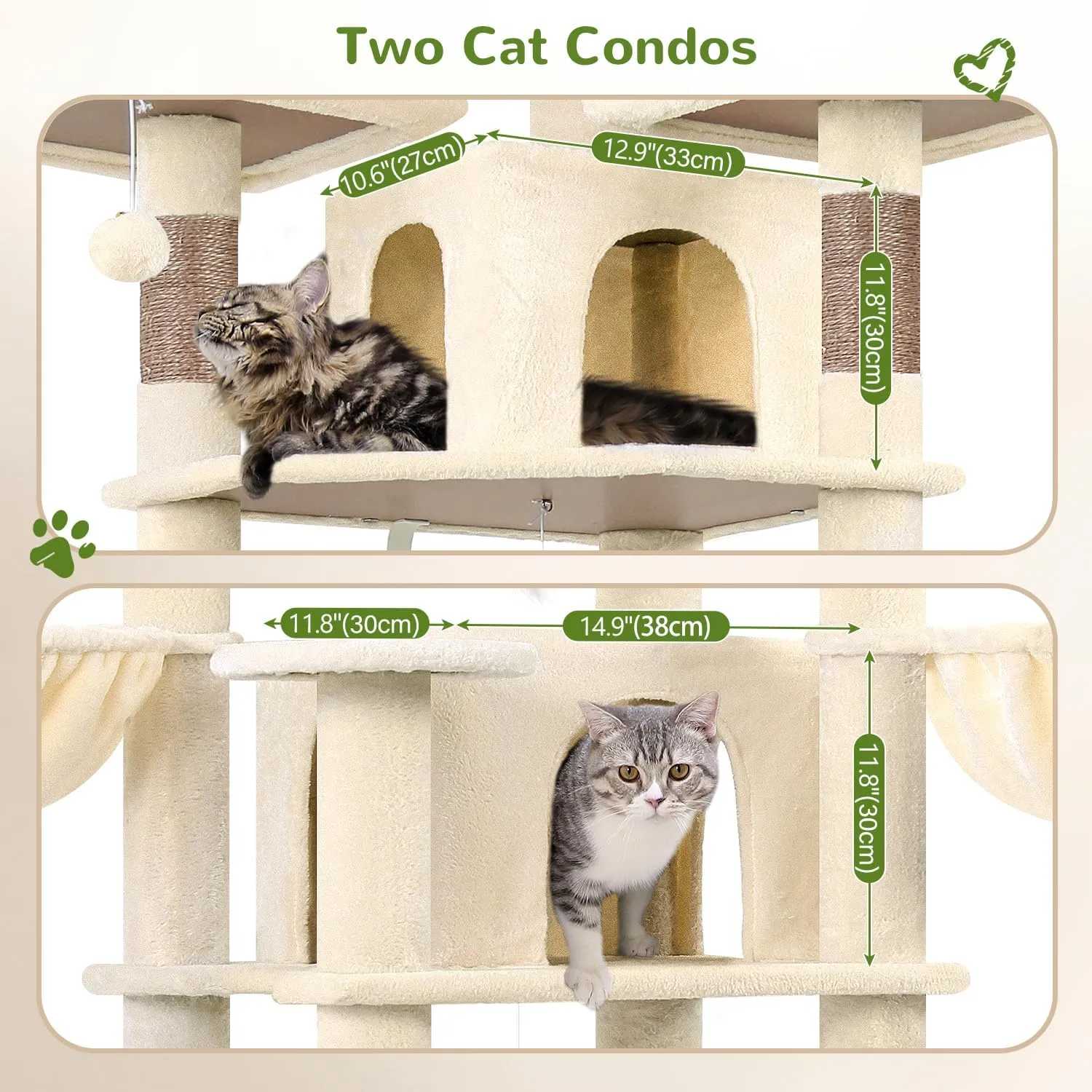 Big Cat Tower for Indoor Cats, 80inch Cat Tower for Multiple Adult Cats XXL Cat Tree with Scratching Post, Hammock, 3 Perches, 2 Condos, 2 Hanging Basket, F80, Beige