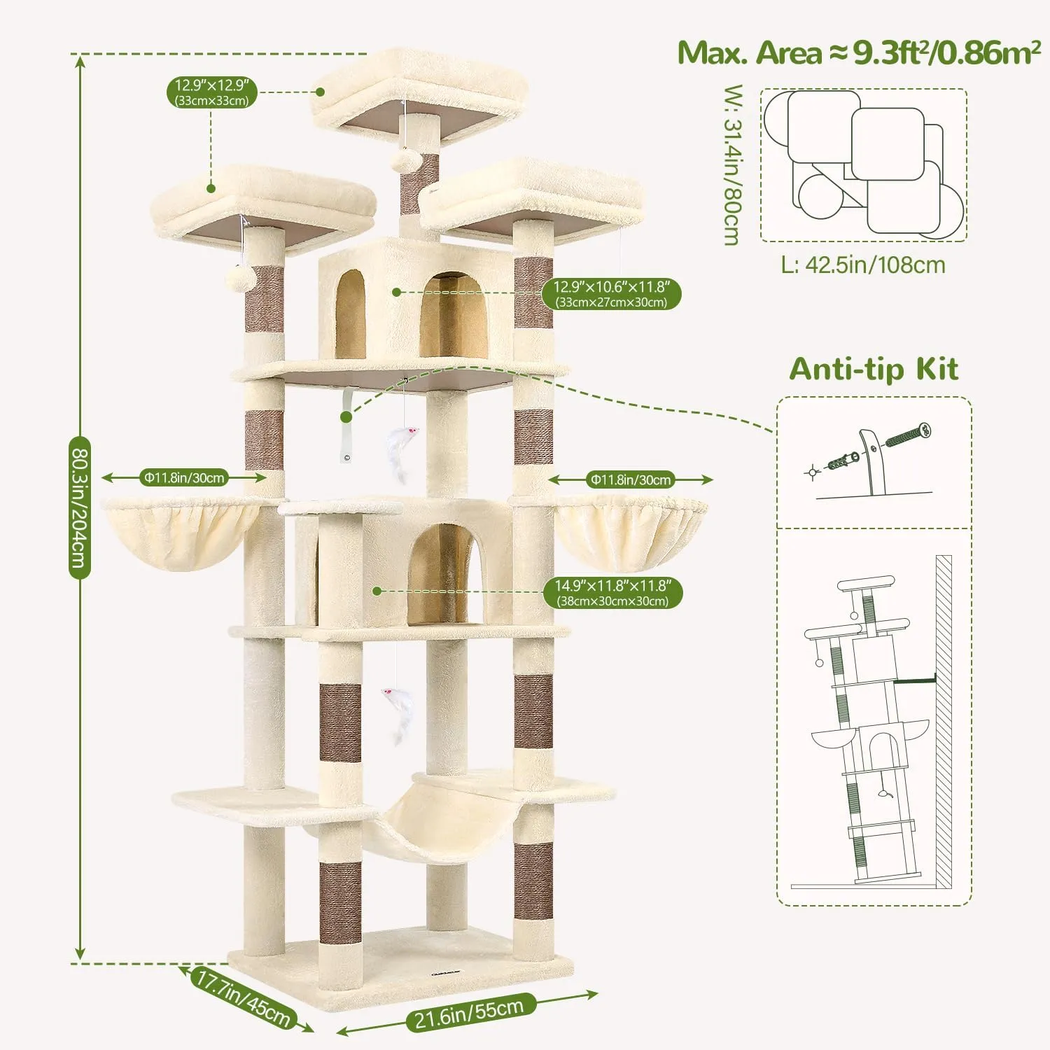 Big Cat Tower for Indoor Cats, 80inch Cat Tower for Multiple Adult Cats XXL Cat Tree with Scratching Post, Hammock, 3 Perches, 2 Condos, 2 Hanging Basket, F80, Beige