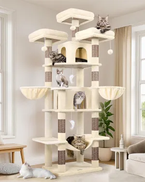 Big Cat Tower for Indoor Cats, 80inch Cat Tower for Multiple Adult Cats XXL Cat Tree with Scratching Post, Hammock, 3 Perches, 2 Condos, 2 Hanging Basket, F80, Beige