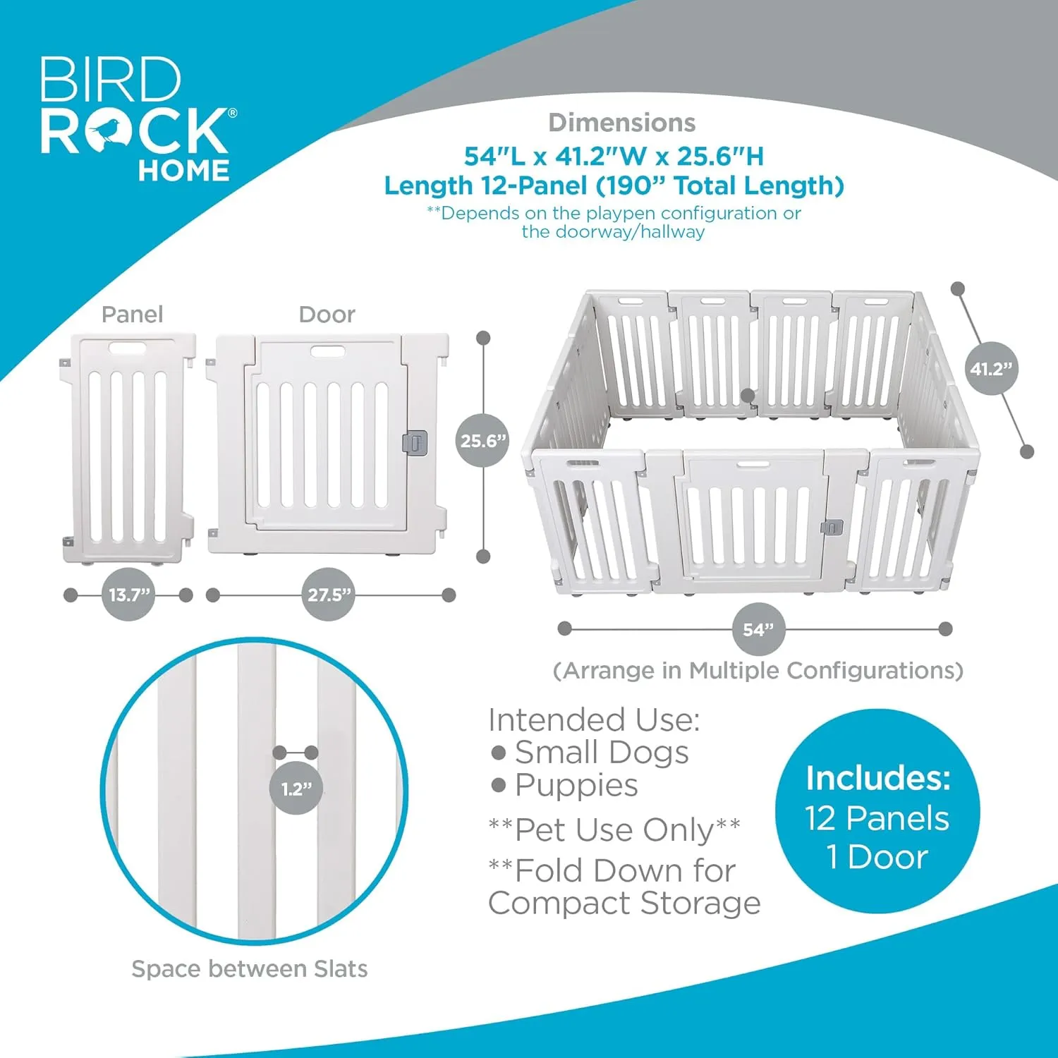 BIRDROCK HOME Dog Playpen w/Door, 12 Panel, 25.6in H | Strong Plastic, Non-Slip Puppy Playpen, Secure Pet Gate | Indoor Outdoor Fence | Configurable Panels | Puppies & Small Pets - White