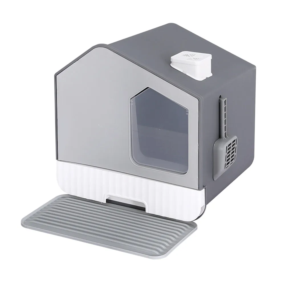 Cat Litter Box Large Tray Kitty Toilet Fully Enclosed House Hooded Scoop Mat - Grey