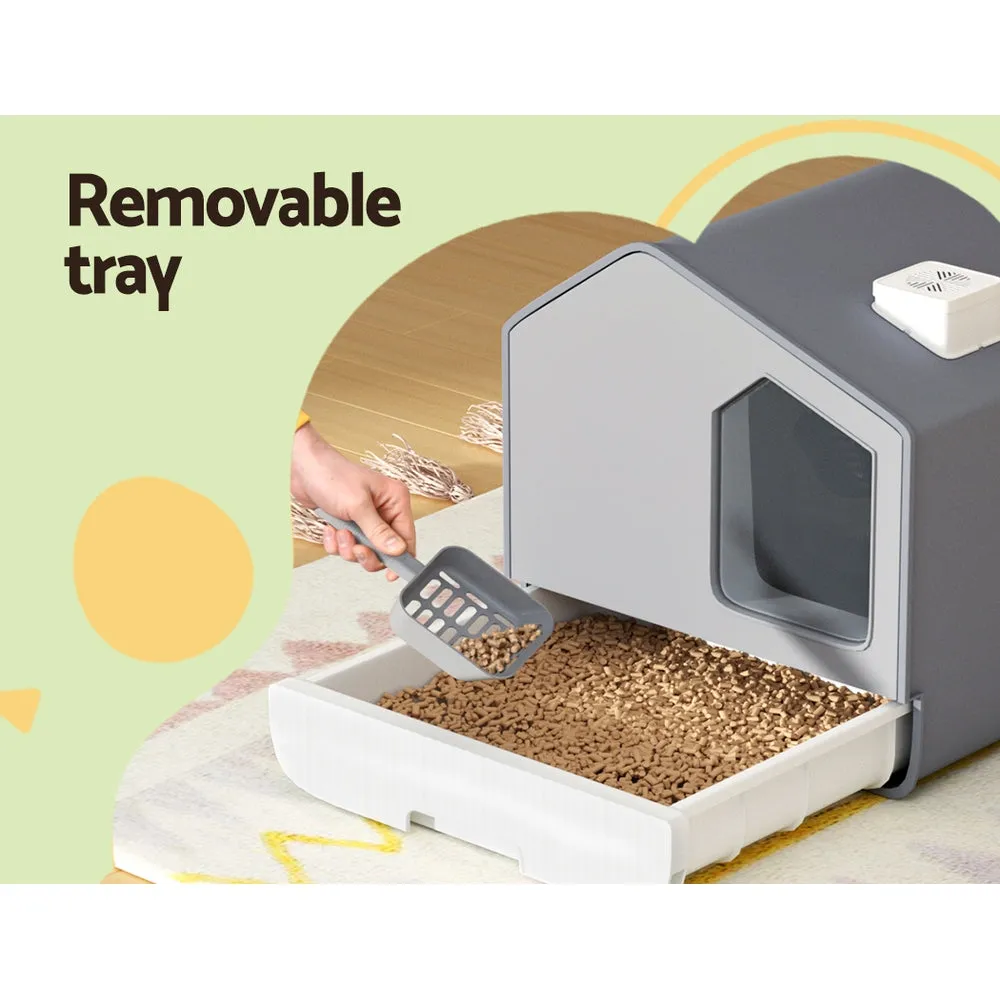 Cat Litter Box Large Tray Kitty Toilet Fully Enclosed House Hooded Scoop Mat - Grey