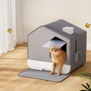 Cat Litter Box Large Tray Kitty Toilet Fully Enclosed House Hooded Scoop Mat - Grey
