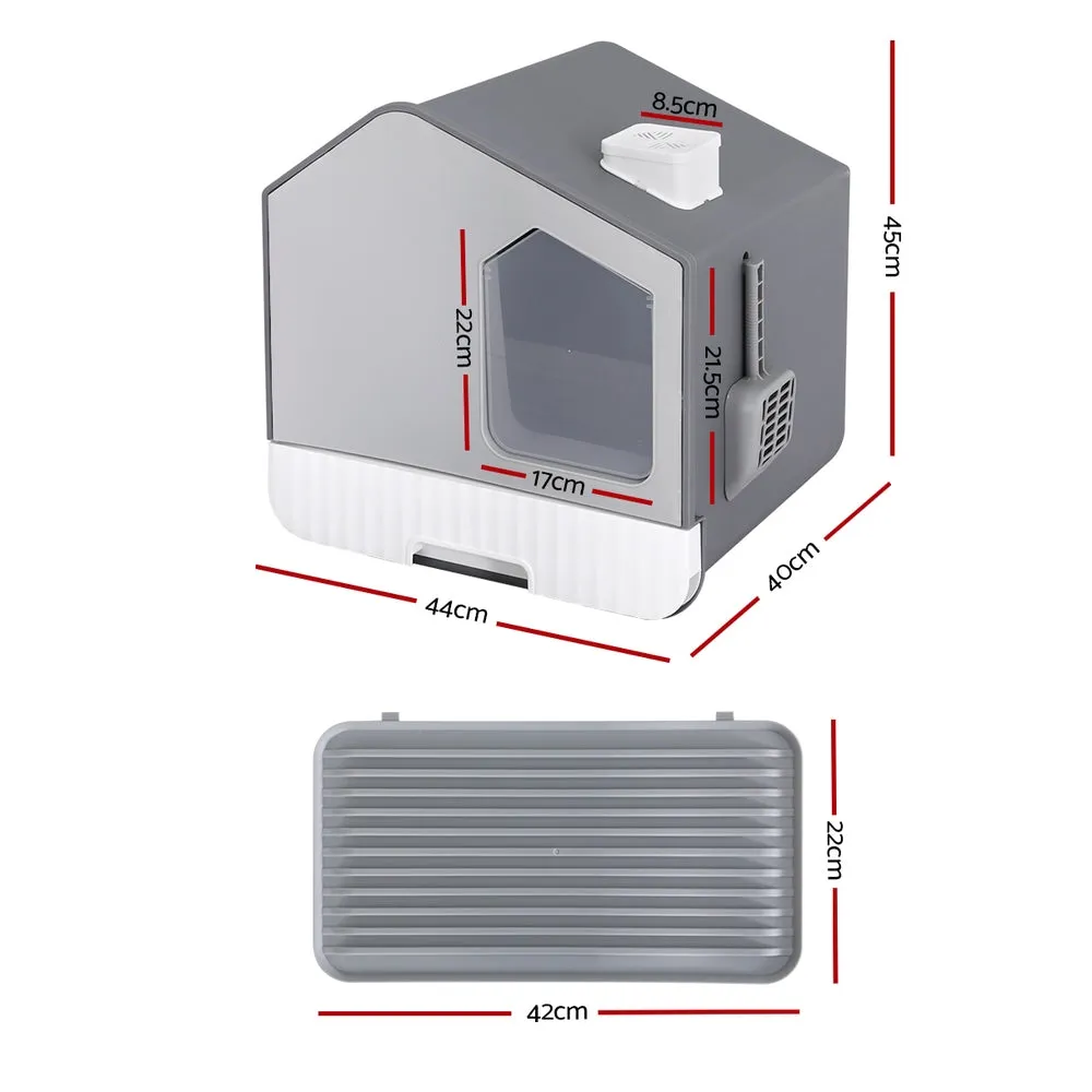 Cat Litter Box Large Tray Kitty Toilet Fully Enclosed House Hooded Scoop Mat - Grey