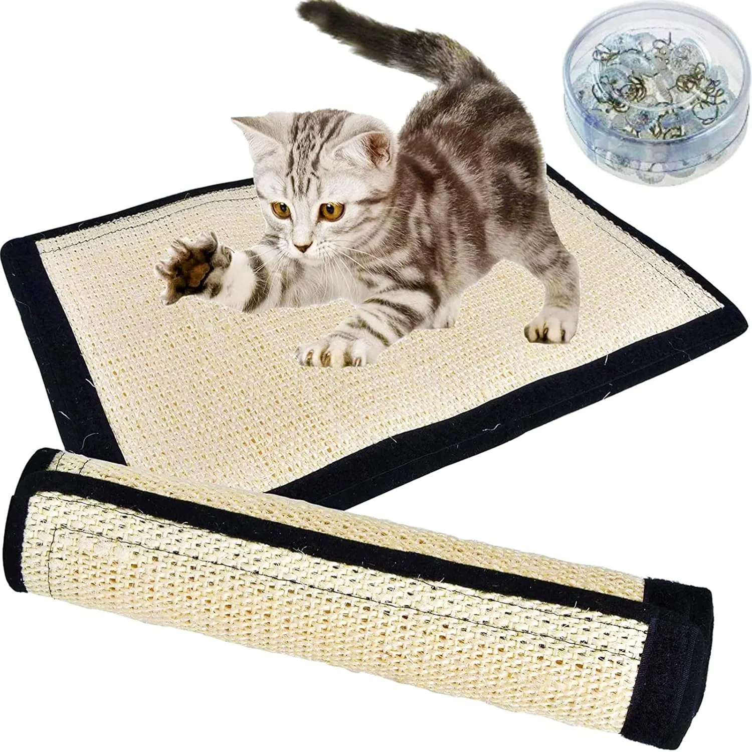 Cat Scratch Pad 2PK, Anti-Scratch Pads for Furniture, Kitty Scratching Bed, Post Tree Ramp Cardboard Replacement, Sisal Thin Scratcher Mat with Velcro Tapes Protecting Couch Chair Legs & Carpet 16X12