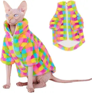 Cat Winter Fleece Jacket with Zipper, Warm Rainbow Fleece Hoodie Fall and Winter, Sphynx Cats Chihuahua Yorkie Puppy Two-Legged Easy to Wear Cat Coat with Zipper (XL (8-11lbs))