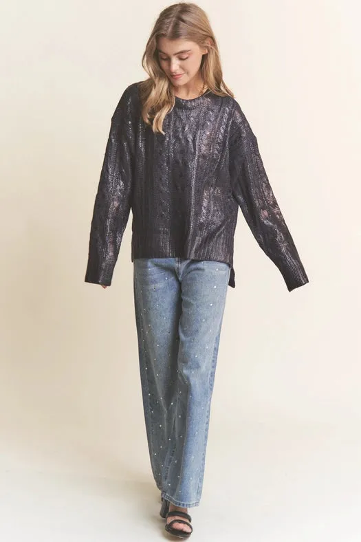 Cire Fabric Knit Round Neck Sweater