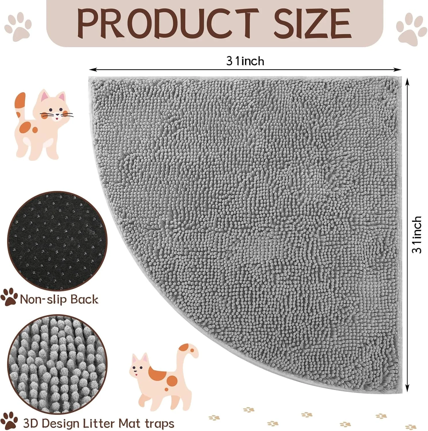Corner Cat Litter Mat 31"x 31" Kitty Litter Box Trapping Mat Large Waterproof Corner Rug Non Slip, Easy Clean, Machine Washable(Light Gray)