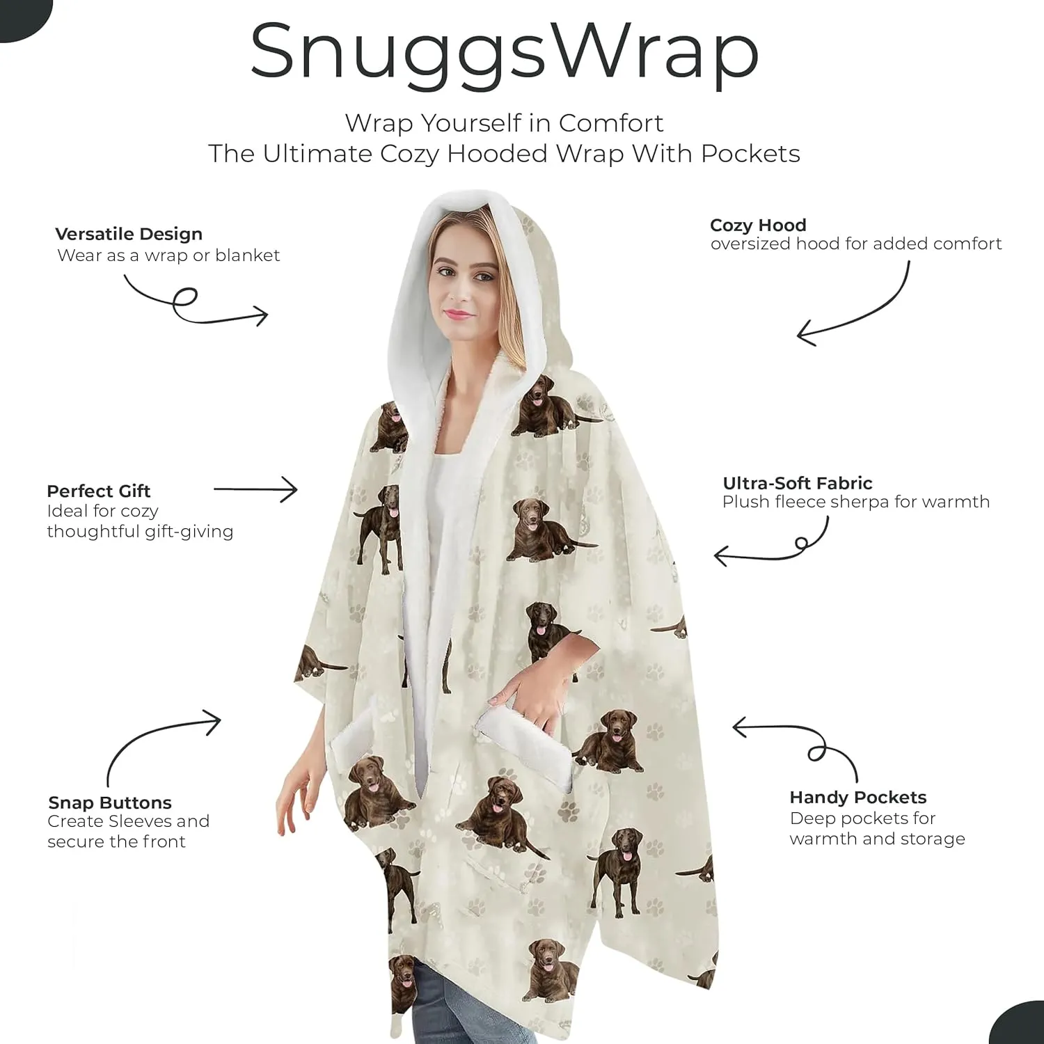 Cozy Sherpa Snugg Wrap for Women - Soft Fleece Blanket Hoodie - 32 Dog and Cat Breeds - Warm Lightweight Gift for Pet Lovers