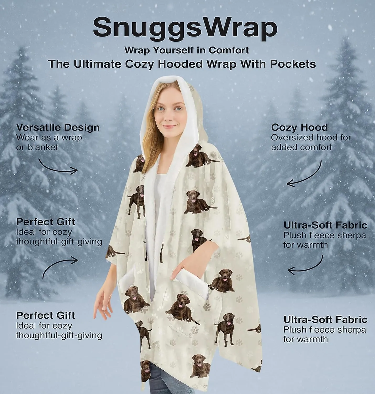 Cozy Sherpa Snugg Wrap for Women - Soft Fleece Blanket Hoodie - 32 Dog and Cat Breeds - Warm Lightweight Gift for Pet Lovers