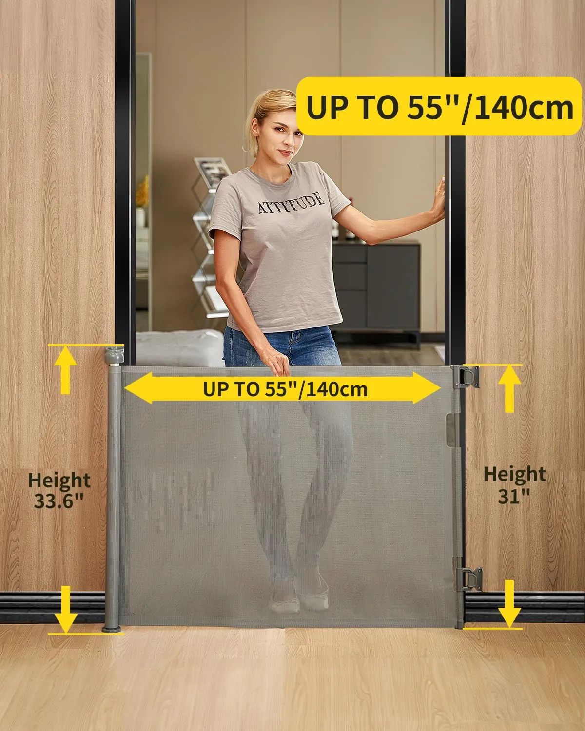 DEAR LOV Retractable Mesh Baby Gate, 33" Tall, Extends up to 55" Wide, Child Safety Gate for Doorways, Stairs, Hallways, Indoor/Outdoor (33"x55", Gray)