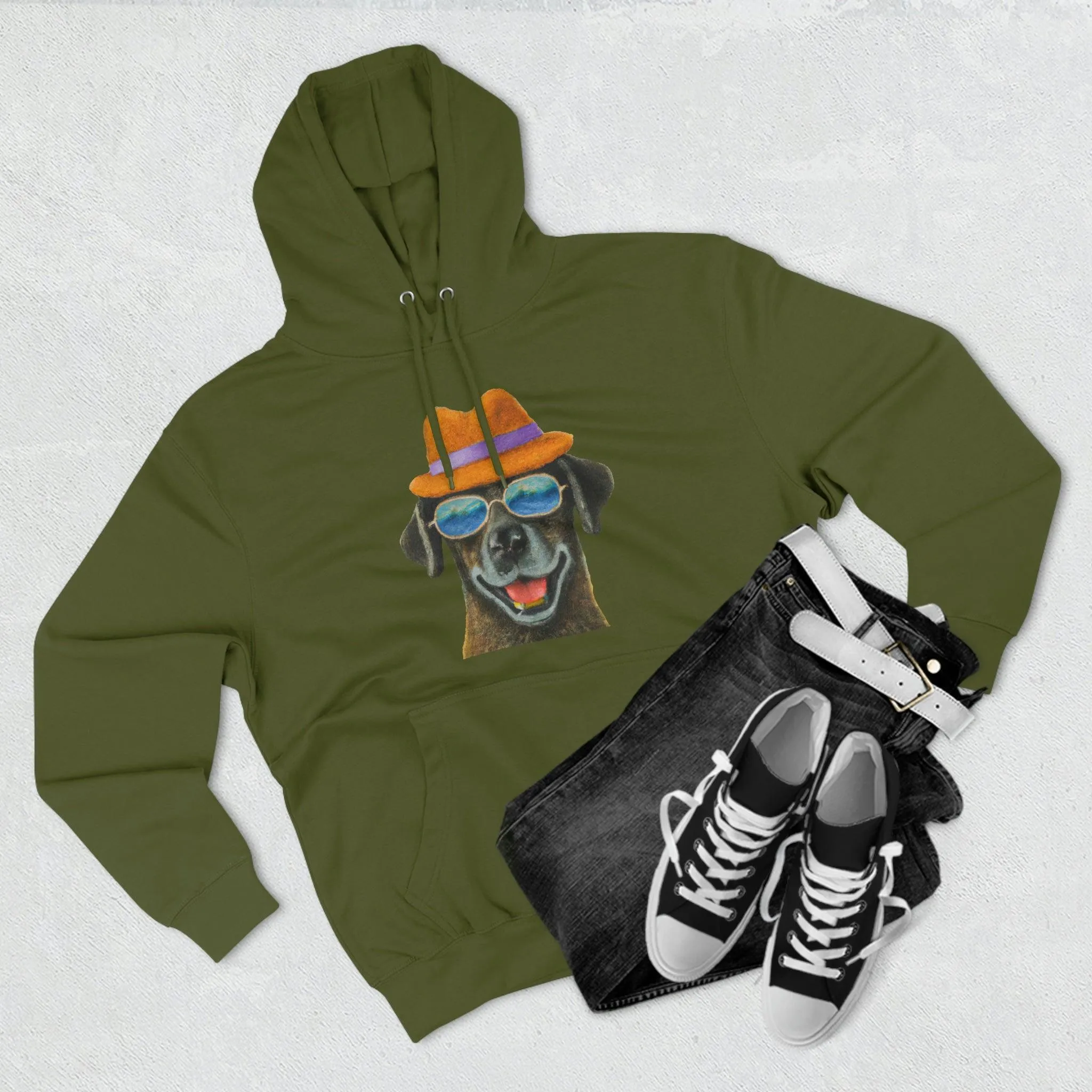 Dog at the beach wearing a hat and sunglasses painted arts Premium Pullover Hoodie