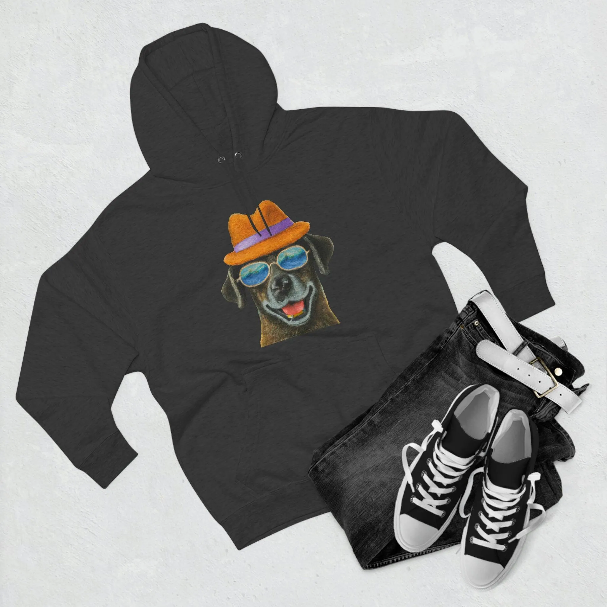 Dog at the beach wearing a hat and sunglasses painted arts Premium Pullover Hoodie