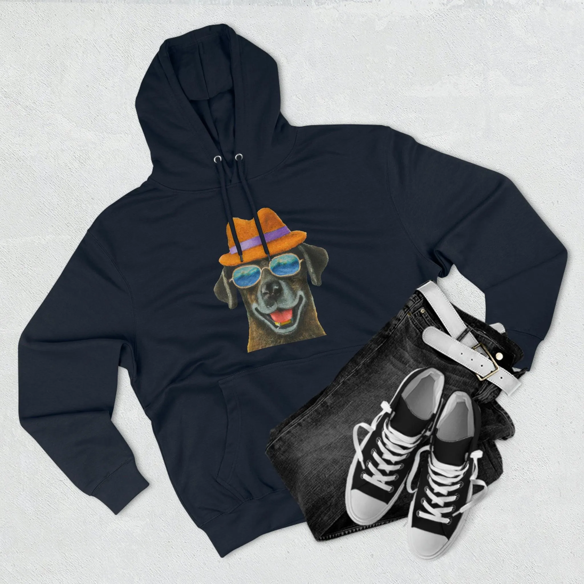 Dog at the beach wearing a hat and sunglasses painted arts Premium Pullover Hoodie