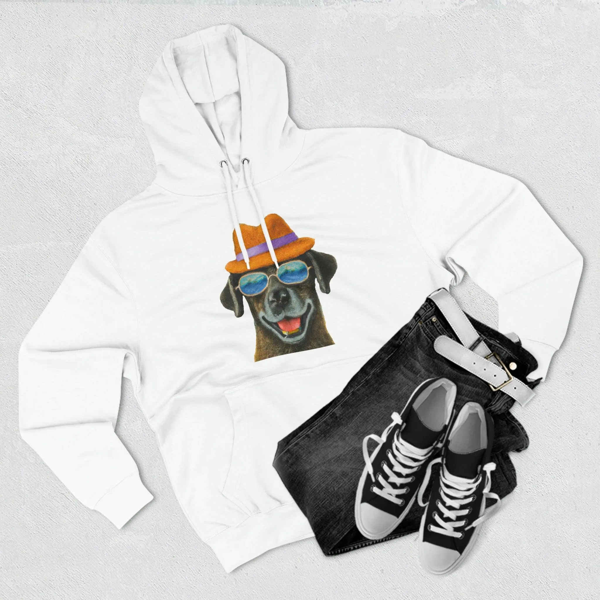 Dog at the beach wearing a hat and sunglasses painted arts Premium Pullover Hoodie