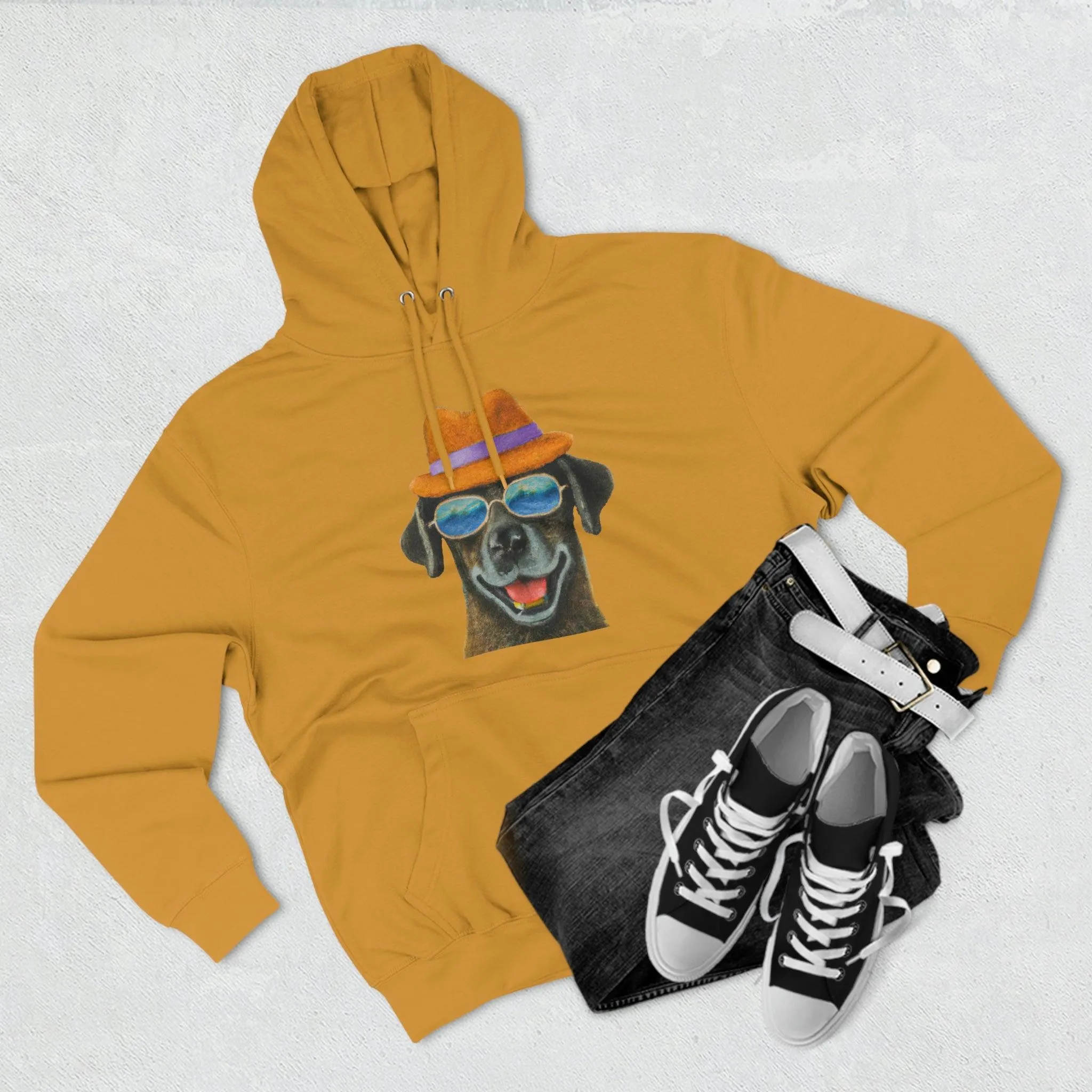 Dog at the beach wearing a hat and sunglasses painted arts Premium Pullover Hoodie