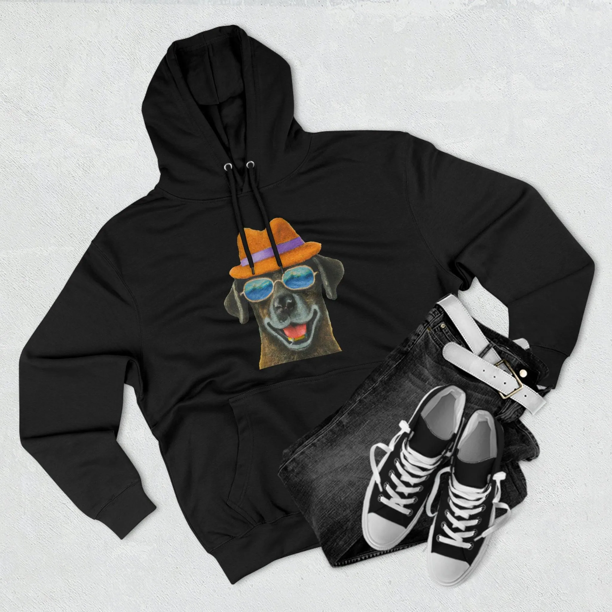 Dog at the beach wearing a hat and sunglasses painted arts Premium Pullover Hoodie